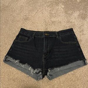 ROMWE dark demin jean shorts with frayed hem. Only worn a few times.